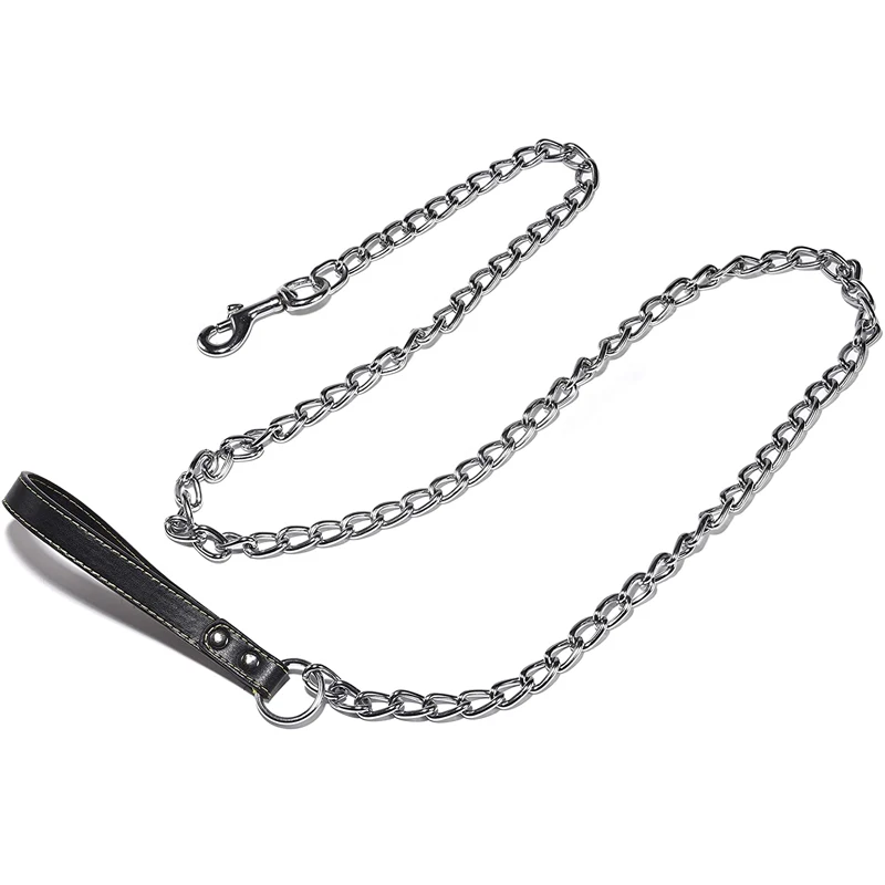 Сверхмощный поводок для собак металлический с кожаной ручкой средних и больших