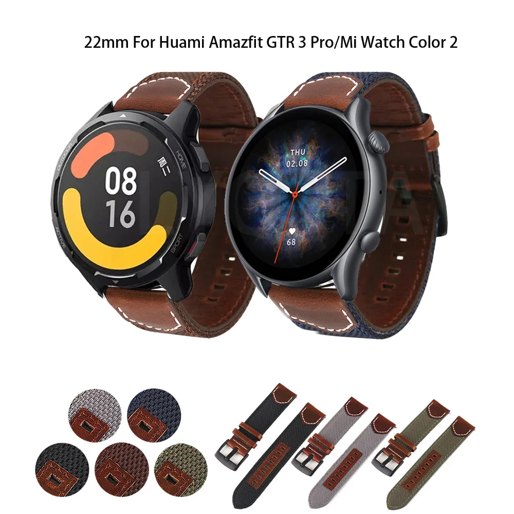 Canvas Leather Strap Watchbands 20mm 22mm Watch Strap For Huami Amazfit GTS 3/GTR 3 Pro/2 2e/GTR 42 47mm Mi Watch Color 2 Correa