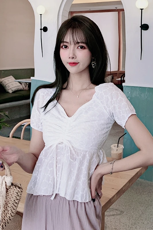 

COIGARSAM Vintage Short Sleeve blouse women New Summer Hollow Out V-Neck blusas womens tops and blouses White 3768