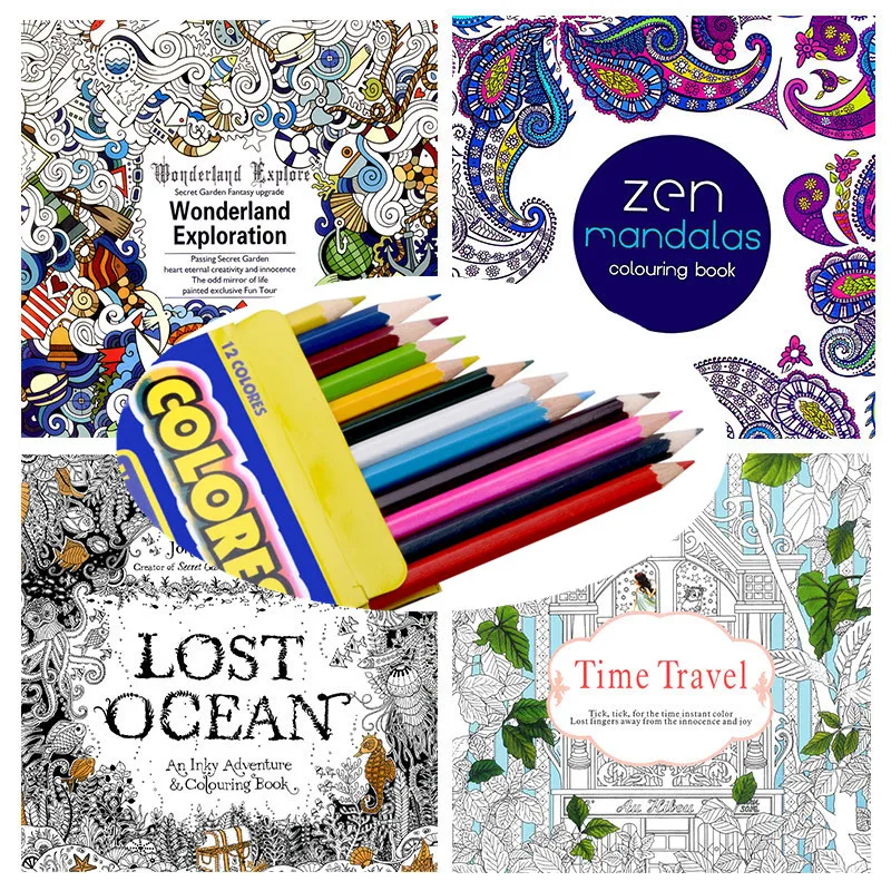 

16pcs book set coloring book with pencils for kids Lost Ocean secret garden adult kids DIY school craft supply
