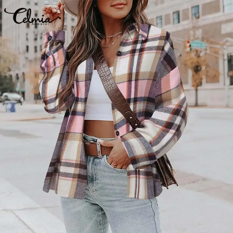 

Элегантная женская клетчатая куртка Celmia 2022, модная рубашка с длинным рукавом и отложным воротником, повседневные офисные пальто на пуговиц...