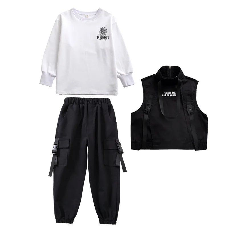 Kid Hip Hop Clothing Sweatshirt Top Streetwear Tactical Cargo Pants Sleeveless Jacket Vest for Girls Boys Dance Costume Clothes