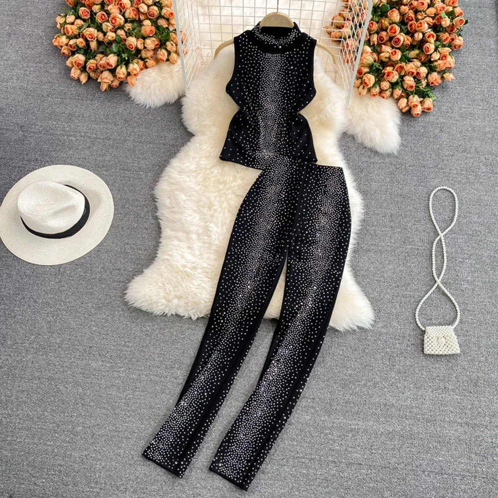 

Fashion Diamonds Female Two Piece Pant Sets O-neck Sleeveless Tops + High Waist Elastic Silm Pencil Pants Women Suits