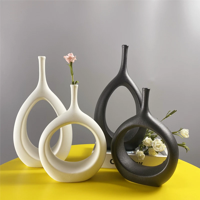 

Creative Ceramic Hollow Out Flower Vase Figurines Nordic Modern Planter Pots Living Room Desktop Interior Decorative Decorations