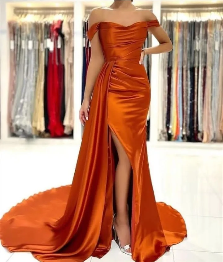 

Elegant Satin Evening Dresses Long فساتين السهرة A-Line Off Shoulder Side Slit Robe De Soiree Longue Party Dresses for Women