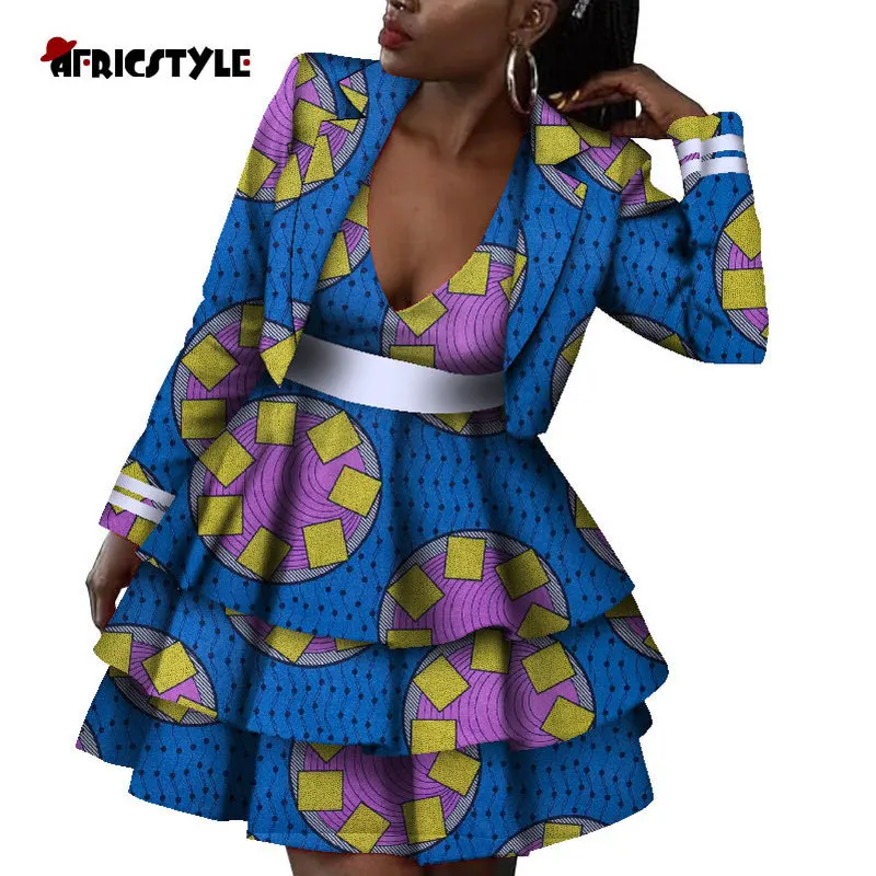 African Jacket and Dress 2-piece Set for Women Perfect Quality Print Plus Size Clothes WY8811 | Тематическая одежда и