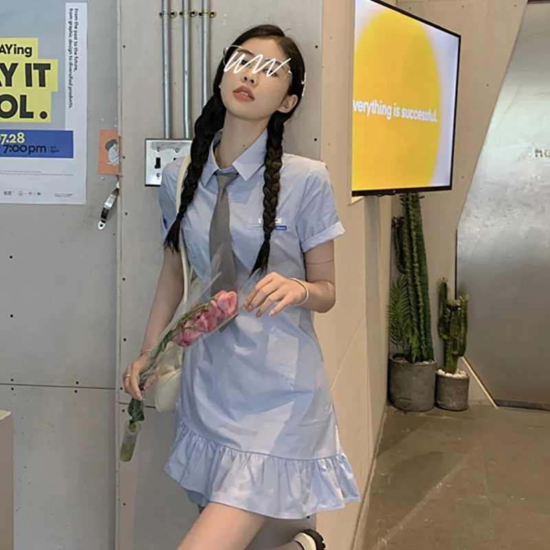 

Korean Fashion Summer Women Dresses Irregular Ruffled Buttons Lapel Dress Elegant Casual Party Office Ladies Short-Sleeved Dress