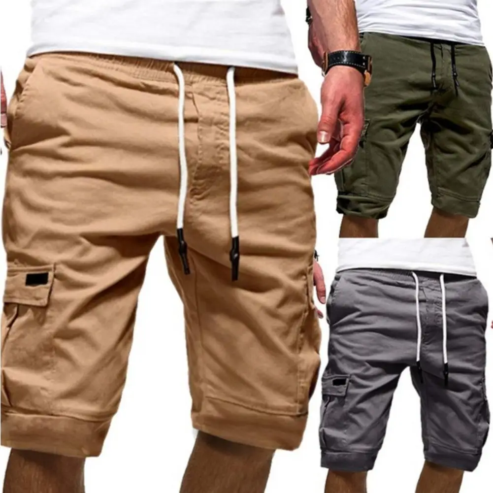 

Men Stylish Summer Solid Color Multi Pockets Drawstring Fifth Pants Beach Shorts