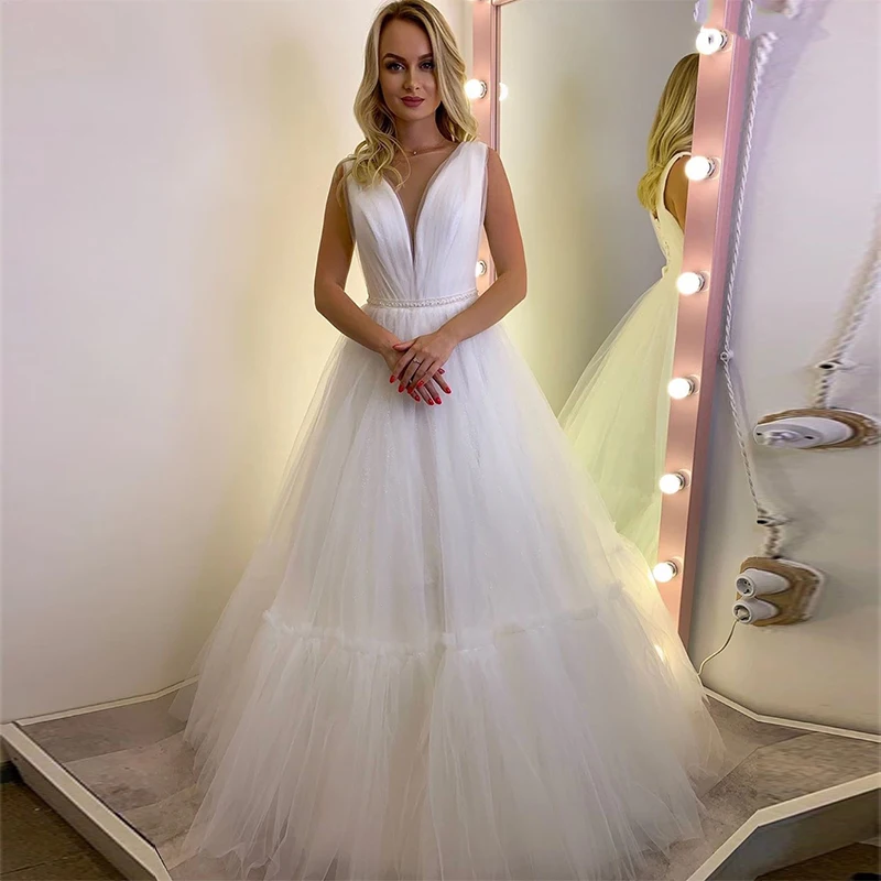 MoonlightShadow Simple Wedding Dresses A-Line O-Neck Sleeveless Fluffy Shining Tulle Lace Up Bridal Gowns Vestido De Novia