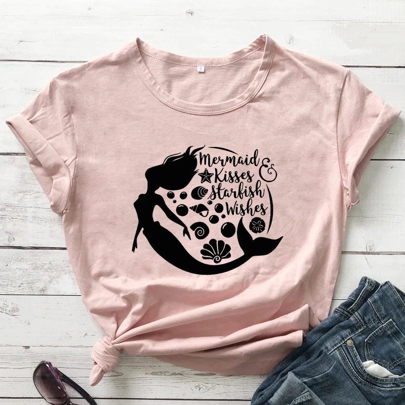 

Mermaid Kisses & Starfish Wishes T-shirt Cute Mermaid Mama Top Tee Shirt Women Vintage Summer Beach Party Tshirt