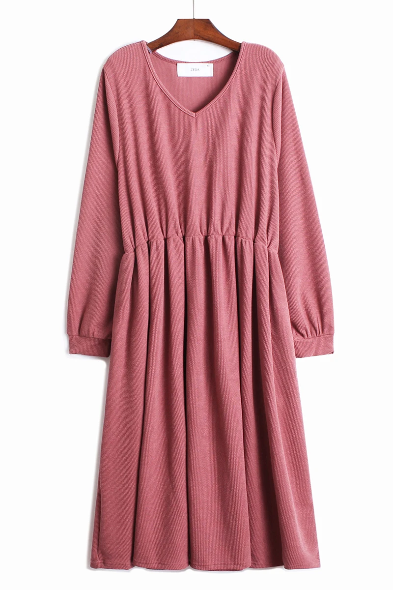 

SuperAen 2021 V-neck Elastic High Waist Loose Solid A-line Mid-Calf Woman Dress