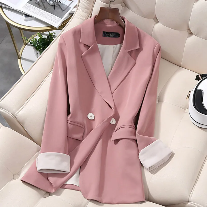

Casual ladies pink blazer 2020 new high-quality jackets feminine Mid-length loose office small suit Elegant coat Plus size M-5XL