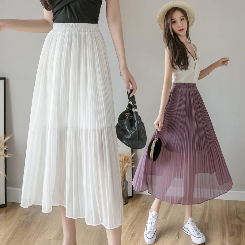 

Summe autumn women skirts casual elastic waist pleated chiffon skirts women simple high-waisted thin midi long skirts ladies