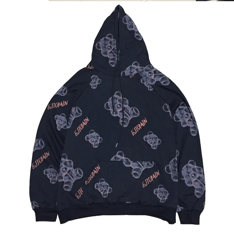 

Hip Hop Bear Full Print Hooded Sweatshirts Pullover Fashion Streetwear Men and Women Autumn Winter Plus Fleece Hoodie Tops Coats
