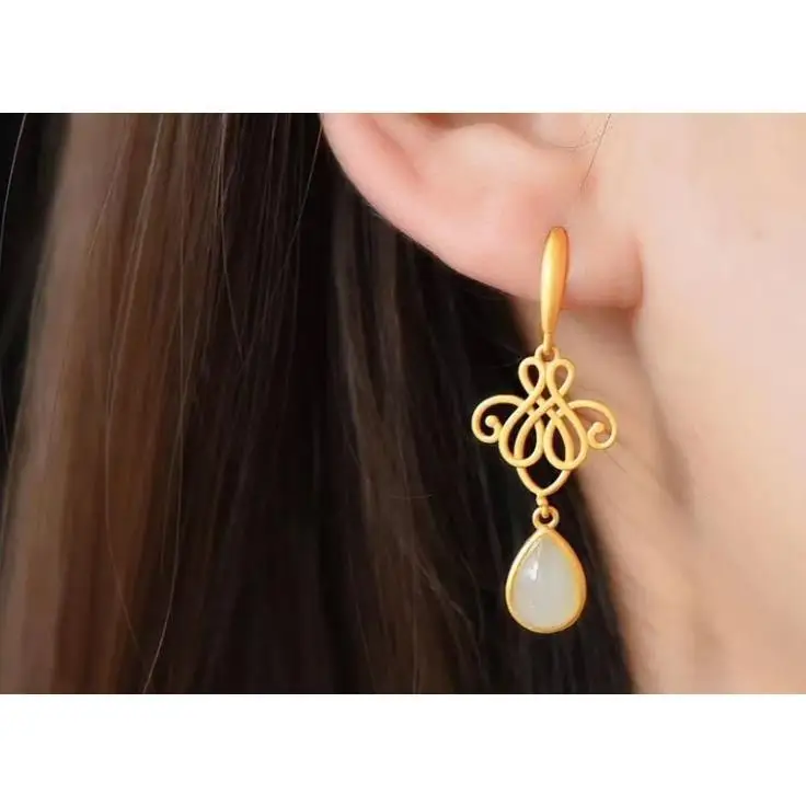 

S925 Sterling Silver Inlaid Natural Hetian Jade Petite Women's New Golden Jade Water-Drop Eardrops Ear Hook Earrings Eardrops