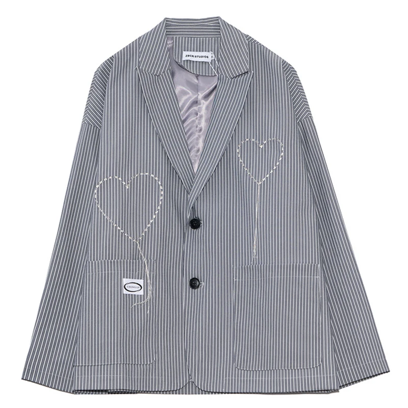 

Мужские Винтажные полосатые костюмы, куртки, пальто, блейзер в стиле ретро Харадзюку 2022SS, унисекс, женские куртки оверсайз с вышивкой сердце...