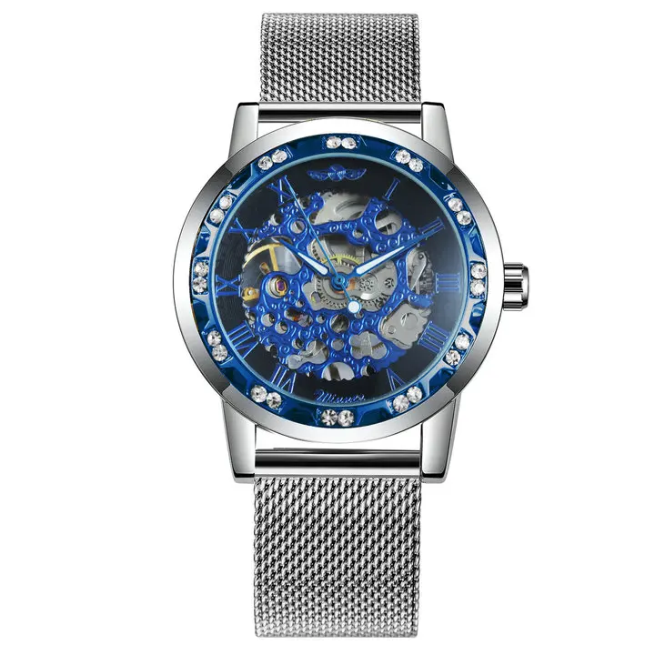 SILVER BLUE BLACK WINNER официальный Скелет механические часы для мужчин Золотой сетчатый ремешок Кристалл Iced Out мужские s часы Лидирующий бренд Роскошные Аналоговые наручные часы - Цвет: SILVER BLUE BLACK