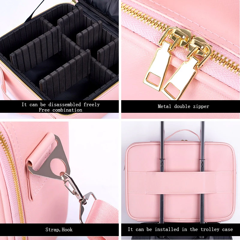 Cosmetics Case Suitcases Large Make up Storage Box Pink Organizer Waterproof Leather Professional Makeup Bag Travel Toiletry | Дом и сад
