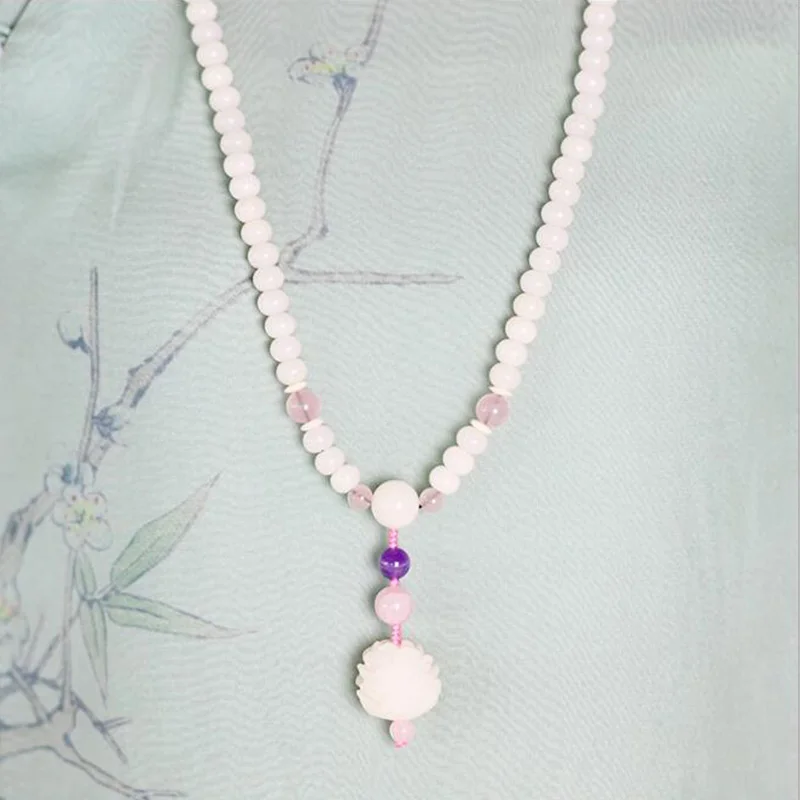 

108 Mala Beads Bracelet Prayer Beads Stone Healing Bracelet Pink Quartz Womens Wrist Lotus Bracelets 108 Yoga Bracelet