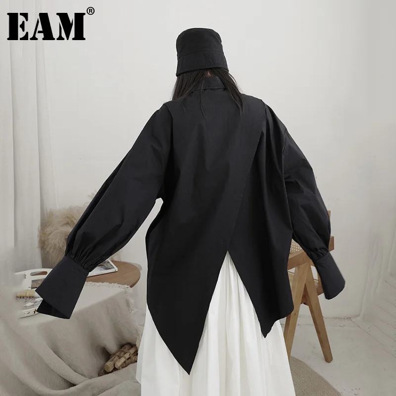 

[EAM] Женская Черная Асимметричная Длинная блузка большого размера, новая свободная рубашка с отворотом и длинным рукавом, весна-осень 2021, 1DB125