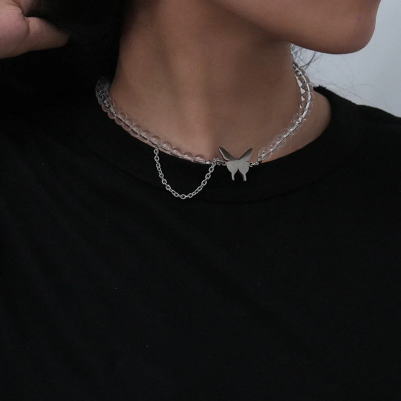 

POTCET Women's Stainless Steel Butterfly Titanium Steel Necklace Round Bead Chain Geometric Retro Fashion Hip Hop Party Jewelry