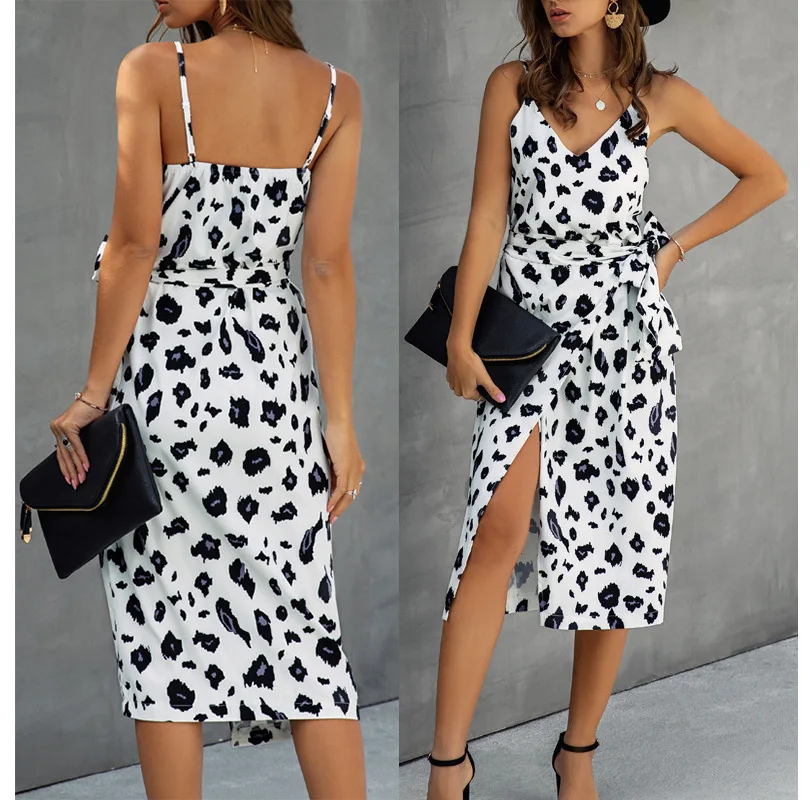 

New Women's Sexy Belt Printing Irregular Dress V-neck Spaghetti Strap Backless Top Beach Dress Loose Sleeveless Plus Size Dress