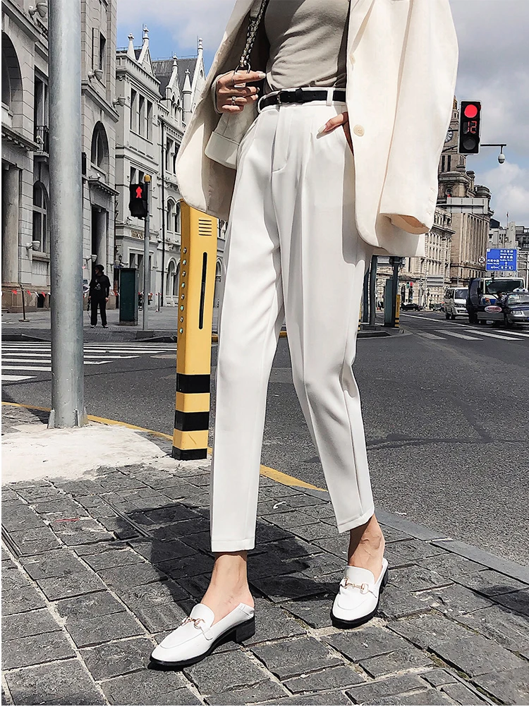Женские брюки карандаш с поясом элегантные белые повседневные OL высокой талией