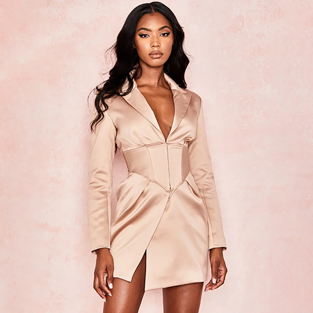 Осеннее женское платье однотонное офисное для девушек v-образный ворот