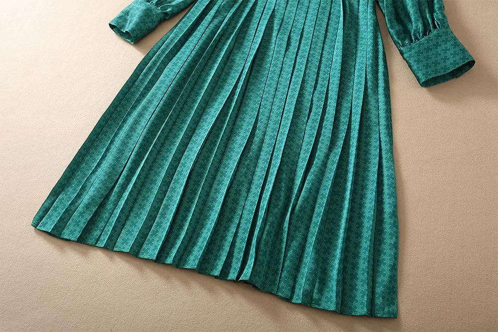 

Texture Fashion Stand Dress Full-Sleeved Green Pleated Printed Midi Dress Women High Waist Slimming Elegant Feminine Dress