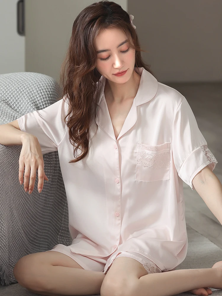 2021 New Summer Ice Silk Short Pajamas Set for Women 2 Pcs Pyjamas Suit Summer Sleepwear Homewear Clothes Female Short Pijama