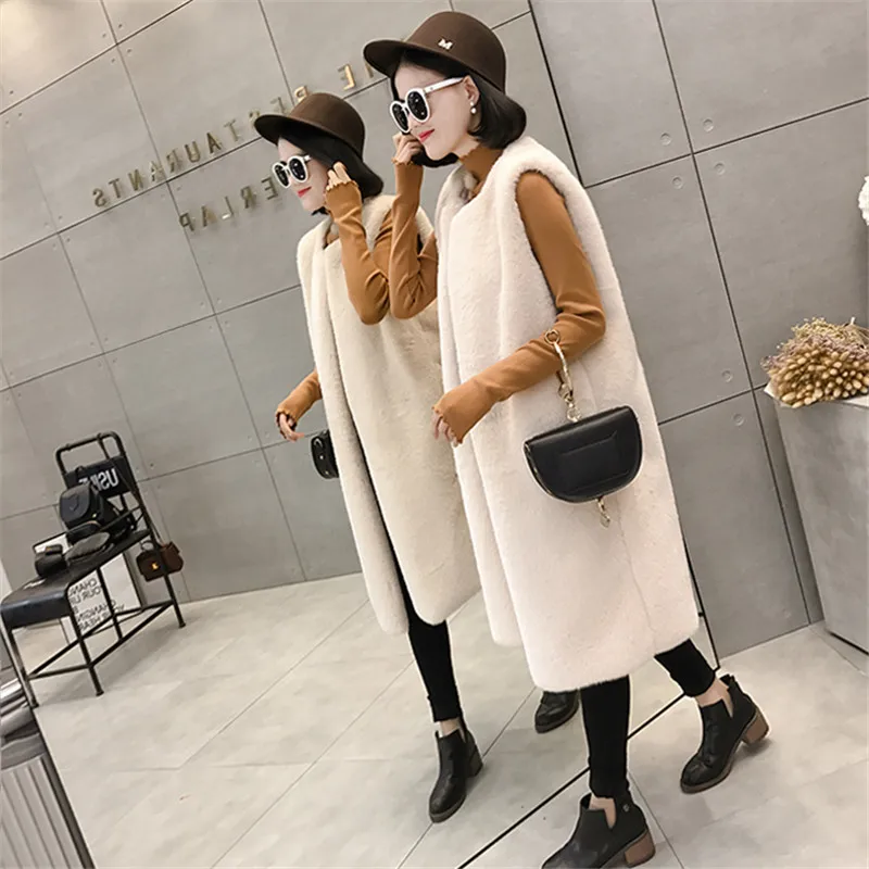 

2022 New Autumn Winter Jacket Plush Vest Imitation Rabbit Fur Grass Black Vest Women Winter Long Coat Overcoats N1154