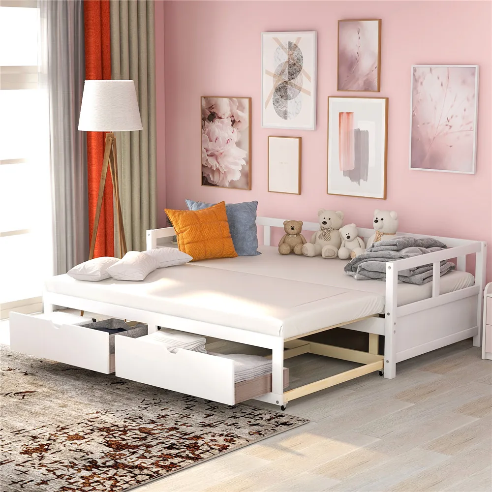 

Extendable Bed Daybed Sofa Bed Bedroom Furnitures Wooden Daybed With Trundle Bed And Two Storage Drawers For Bedroom Living Room