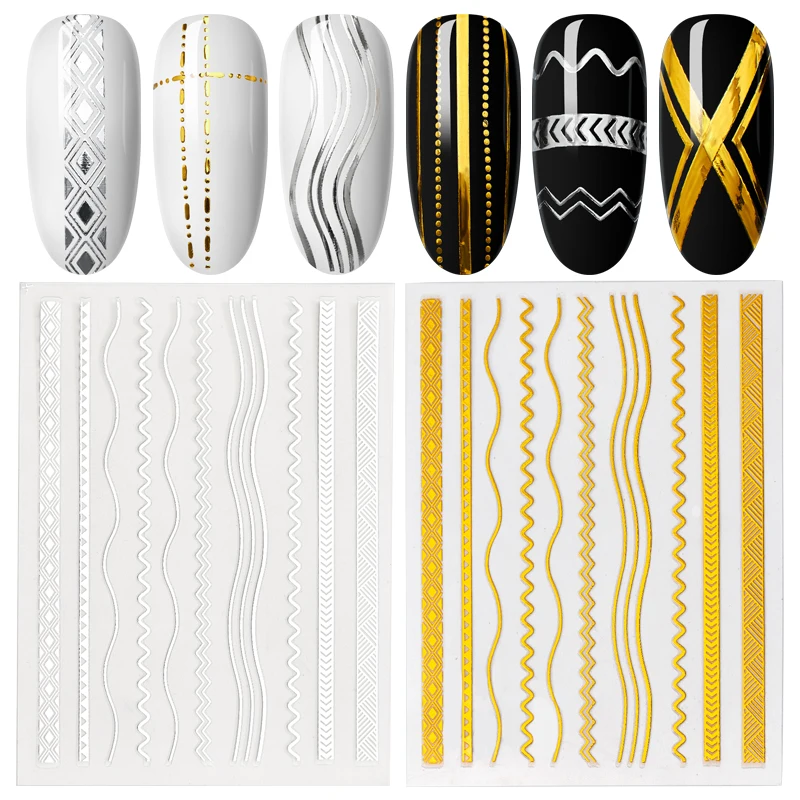 

1 Sheet Gold Silver Sliders 3D Nail Stickers Straight Curved Liners Stripe Tape Wraps Geometric Nail Art Decorations