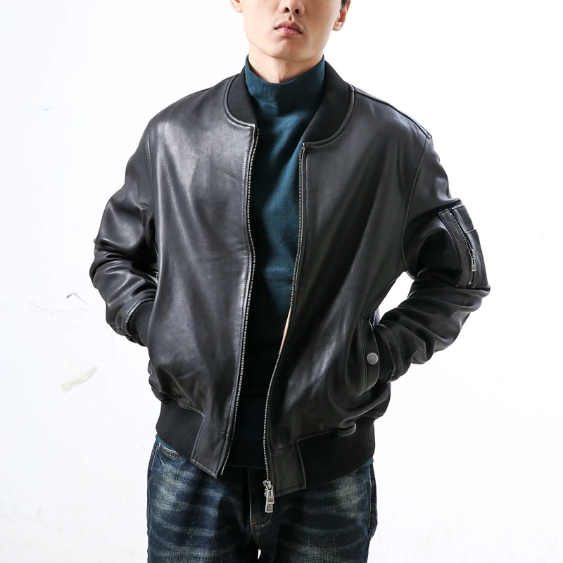 

2021 fashion genuine baseball high quality black sheepskin leather coat for men spring casual jacket male