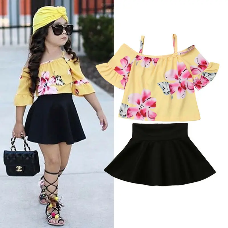 Комплект из 2 предметов для маленьких девочек Топ с открытыми плечами и желтым
