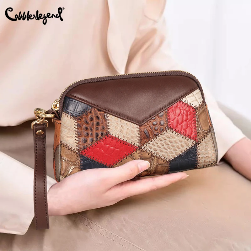 Cobbler Legend New Genuine Leather Women Wallet Coin Purse Small Hidden Zipper Pocket Ladies Phone Purse Stitching Clutch