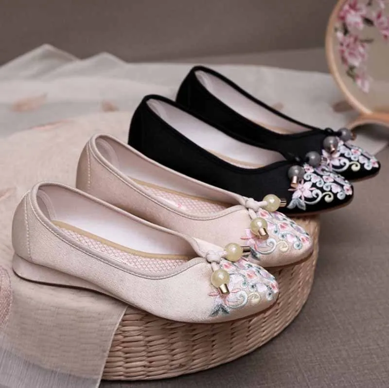 Hanfu Shoes Women Summer&amp Autumn Flat Chinese Vintage Embroidered Beige Black For Plus Size |