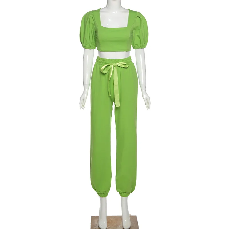 

Sexy Two Piece Set Square Collar Lantern Long Sleeve Crop Top Long Pants Set Party High Waist Shirt Clothing Sets Outfit Women