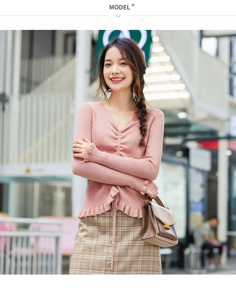 INMAN Winter Elegant Solid Color V Neck Drawstring Flower Swing Women Pullover Sweater
