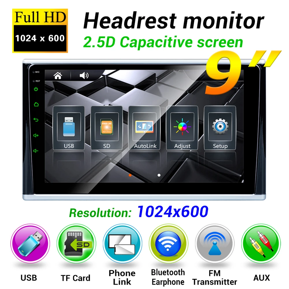 

Мультимедийный плеер с 9 дюймовым IPS экраном 2.5D, автомобильный монитор на подголовник, FM-передатчик, сенсорный экран, HD мультимедийные проиг...