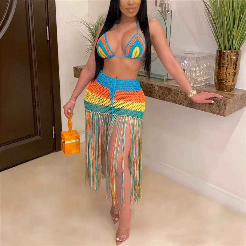 

Women Bikini Cover Ups Set Striped Crochet Deep V-neck Lace-up Bikini+Hollow Out Skirt with Long Tassels Cover-Ups