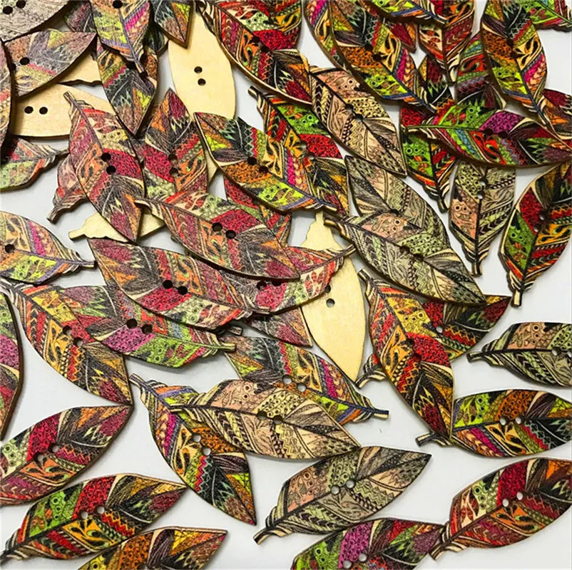 

500PCS Indian Feather 2 Hole Wood Buttons for Sewing Scrapbook Clothing Crafts Handwork Accessories Card DIY Wooden Button