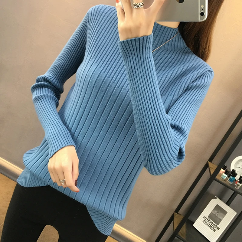 

Turtleneck Women Strip Sweater Slim Knitted Stretchy Solid Fall Winter Fashion Knitwear Pullovers Forextolux 2020 New