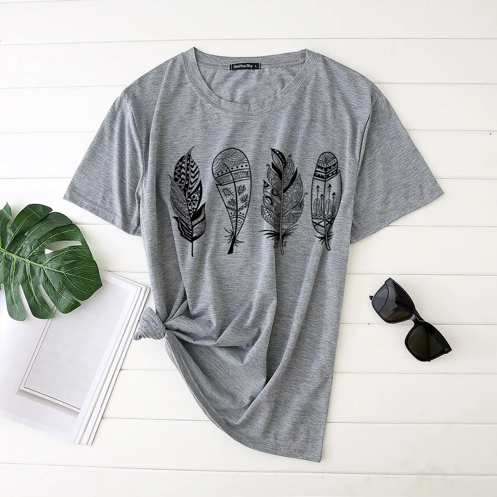 

2021 summer new four leaf printing short-sleeved T-shirt ladies round neck plus size women's ins new top