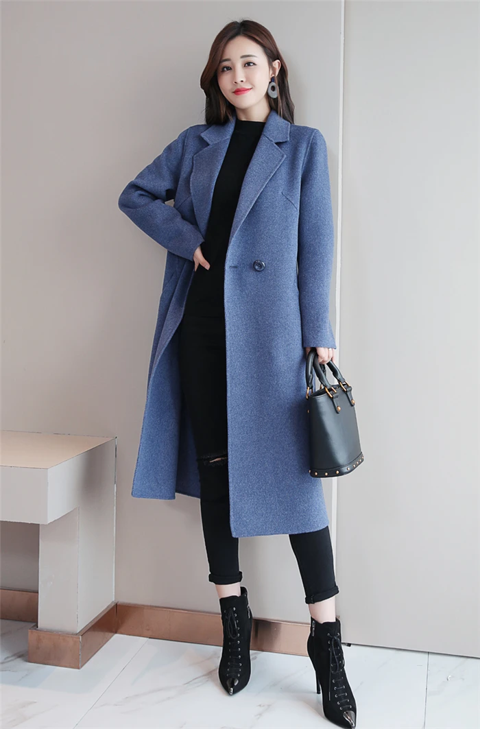 Women Woolen Coat Autumn Winter New Double-breasted Long Sleeve Loose Coats Turn-Down Collar Outwear Plus Size S~3XL