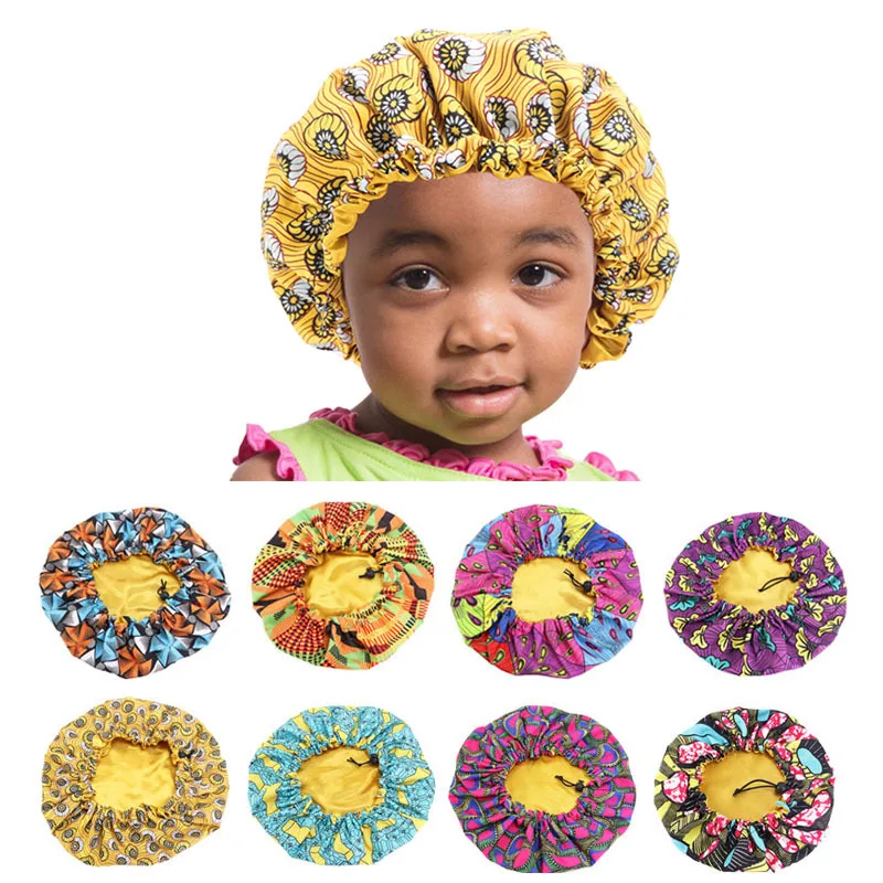 

Hair Caps African Kids Print Ankara Bonnet Stain Silky Big Bonnet Children Sleep Night Cap Headwrap Hat Hair Wrap Styling Tools