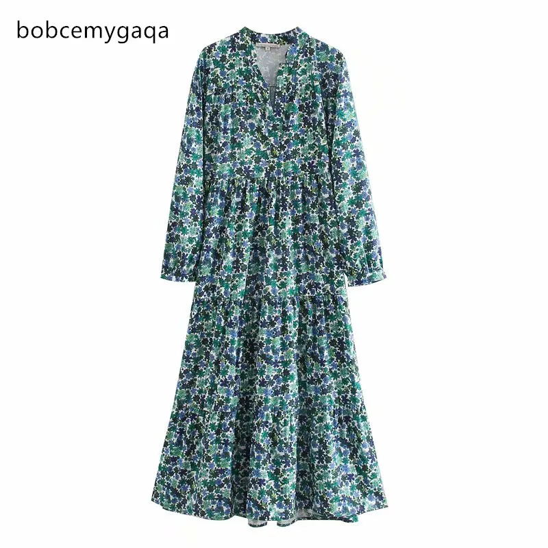 Женское длинное платье рубашка с оборками зеленое Повседневное v образным