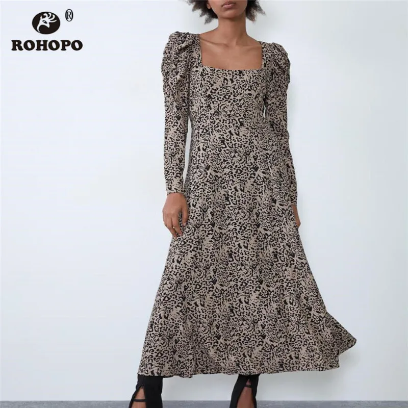 ROHOPO пышное платье миди с длинным рукавом и животным принтом квадратный воротник