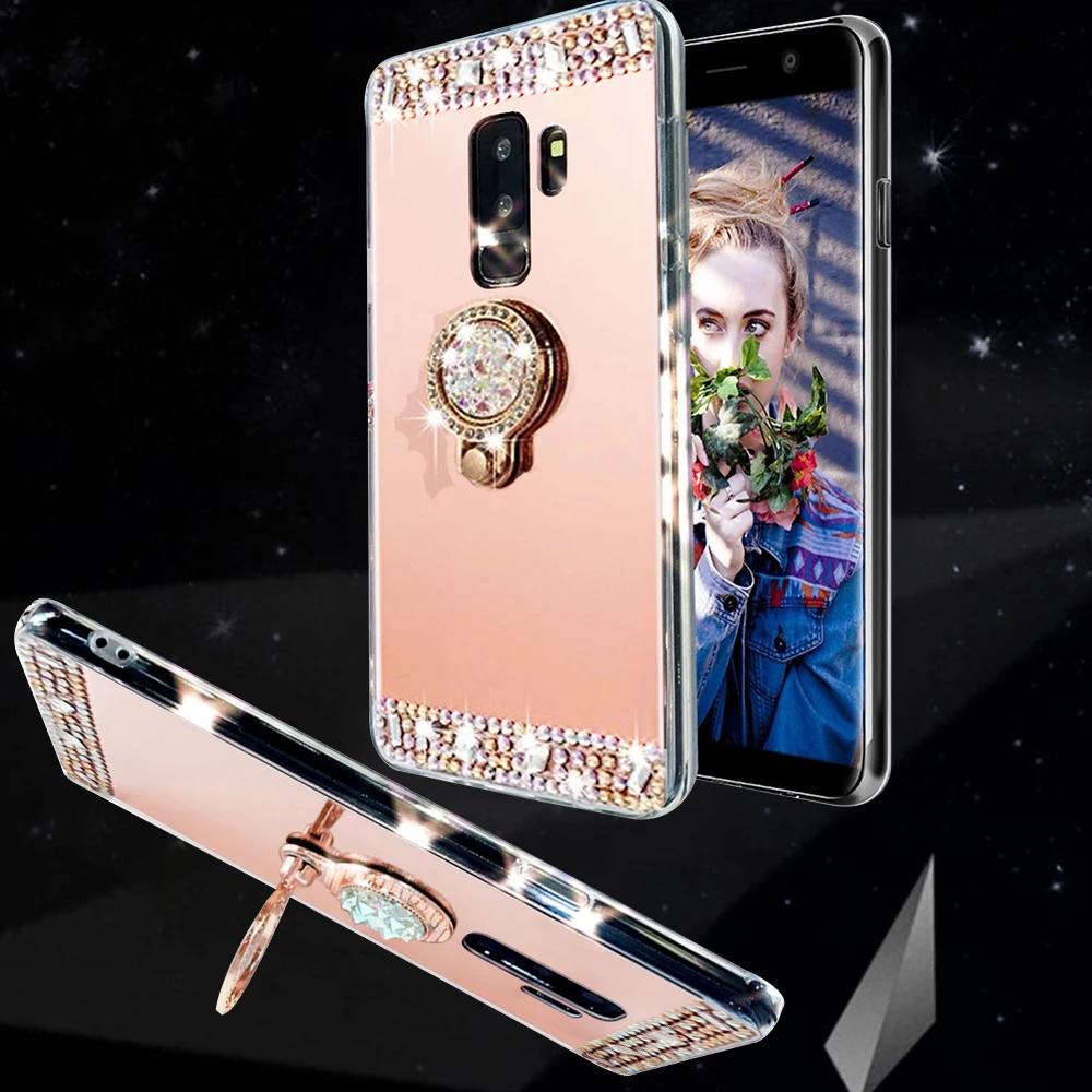 LAPOPNUT Rhinestones Metal Ring Mirror Back Case for Samsung Galaxy S20 Ultra S10 S10e Note10 8 9 S9 Plus S8 S7 S6 Edge Cover |