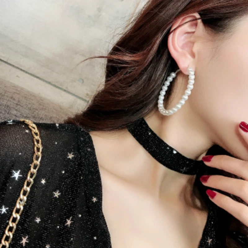 Серьги корейские модные с искусственным жемчугом большие серьги кольца круглые